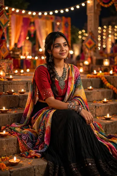 A girl sitting elegantly on the steps at a Garba night venue, wearing a black skirt and red textured top with a flowing multicolored dupatta. She has