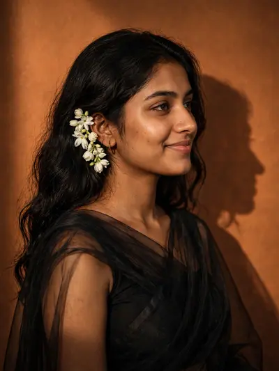 Ultra-realistic HD portrait of a young Indian woman with long, dark, wavy hair, styled with white jasmine flowers tucked behind her right ear. She is