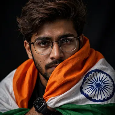 A , emotional portrait of a young Indian man a well groomed beard and stylish brown hair. He is wrapped in the flag of India, he is wearing a