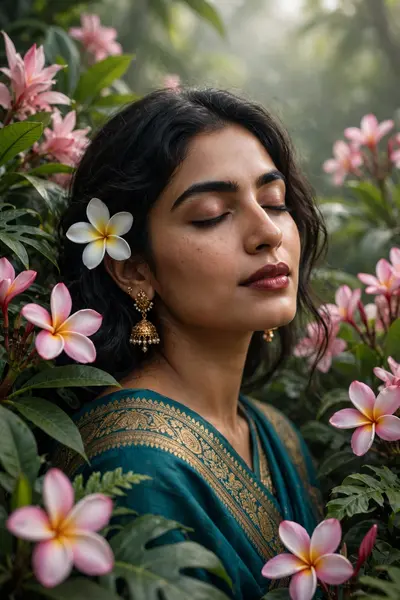 Create a dreamy, cinematic portrait of a graceful Indian woman standing amidst a lush cluster of pink tropical flowers. She wears a traditional teal