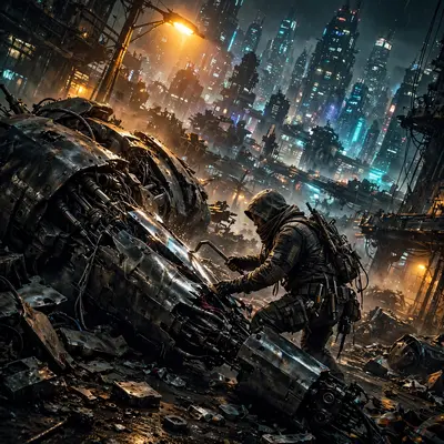 Sweeping gritty neo-noir cyberpunk style vista featuring a scavenger prying chrome from a wrecked mech against the endless megacity. Cold