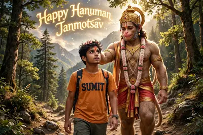 A realistic 20-year-old young boy, wearing a saffron T-shirt with ‘SUMIT’ clearly printed in bold, walks on a mountain trail. Lord Hanuman appears
