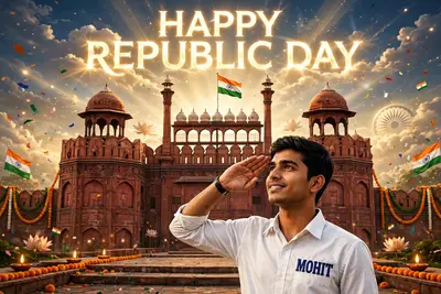 Create a 3D image of 21 years old boy is wearing White color shirt and saluting to indian flag and behind him red fort placed and hoisting flag on