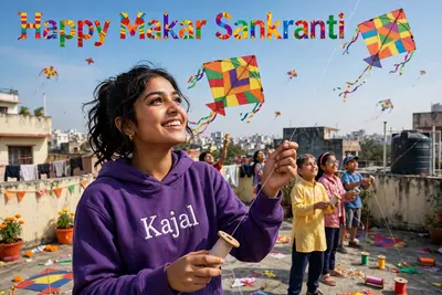 Realistic photo 18 year old Indian beautiful Girl flying big kite on rooftop and celebrating Indian festival Sankranti, With blue sky on the rooftop
