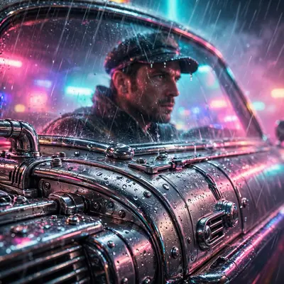a taxi driver speeding through neon fog in retro-futurist synthwave art style, rain hammering the neon-drenched streets. Rain-diffused neon bloom