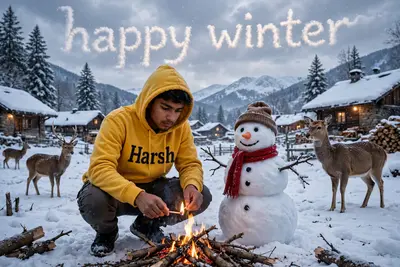 Create a realistic winter photo with a snowy village and snowman. 18-year-old Indian boy is wearing a yellow hoodie with “Harsh” written on it. He is
