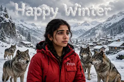 Create a realistic emotional photo with a snowy mountain with a 20-year-old Indian girl wearing a red jacket with the name “Priya” written on it