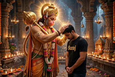 "An Indian boy, aged 22, standing humbly with his head slightly bowed, receiving blessings from a radiant Hanuman Ji. The boy is wearing a T-shirt