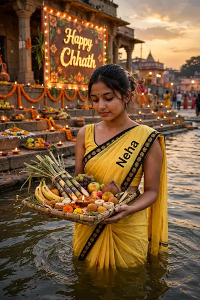 Standing in the water with a Supli filled with little sugarcane, fruits, and sweets is a real 20-year-old Indian girl. She is dressed in a yellow