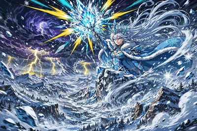 High-energy anime poster art of an ice queen summoning a raging blizzard, rendered in vibrant cel-shaded anime style with explosive impact frames