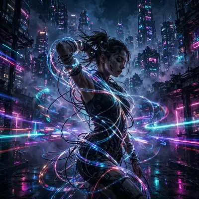 Cinematic frame of a nightclub dancer wrapped in fiber-optic cables, rendered in high-contrast digital cyberpunk art amid towering megacity blocks