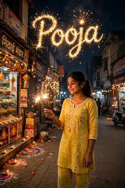 a real 18 year old indian girl with sparklers in her hand standing at the indian street. girl wearing yellow dress and pajama, girl's name "Pooja" is