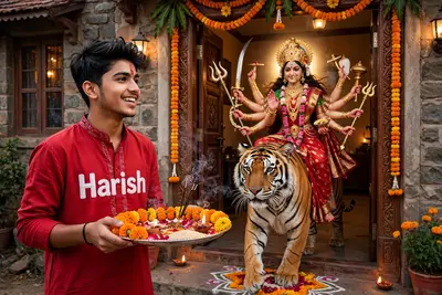 18 year old boy is standing near the main door of the house with Aarti thali and a flower garland in the plate, and from his door Devi Maa Durga is