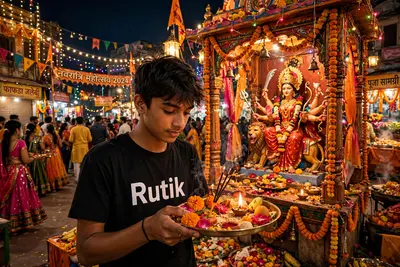 "A bustling Navaratri celebration in a chowk (town square) at night. In the center, an 18-year-old boy named Rutik stands before a mini temple