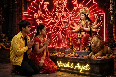 Describe a scene depicting an 18-year-old boy and girl kneeling barefoot, seated in prayer before a Maa Durga idol accompanied by a lion. The setting