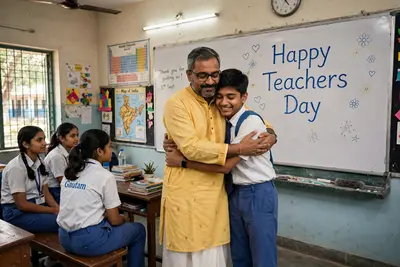 A real Indian male teacher is standing in a classroom and there is a 16 year old Indian boy with him. Both are hugging. There is a board on the wall