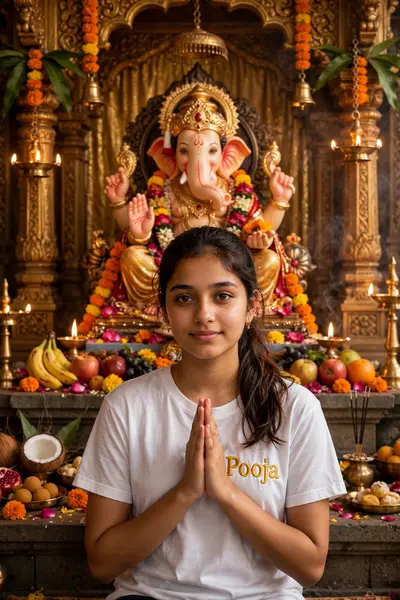 18 years old girl sit in front of a beautifully decorated idol of Lord Ganesha, placed in traditional temple setting. The girl has her face to the