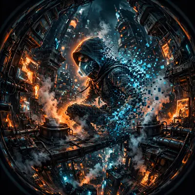 moody dystopian concept art depiction of a hologram thief dissolving into pixels, caught between flickering signs and steam vents. Sodium-orange rim