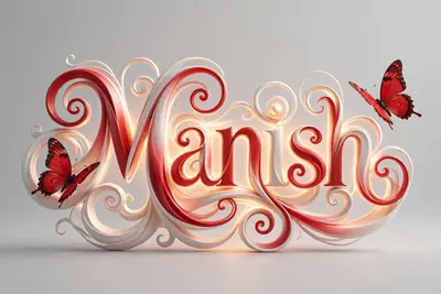 A mesmerizing 3D rendering of the word Manish" displayed prominently in elegant, swirling red and light white lettering. The captivating typography