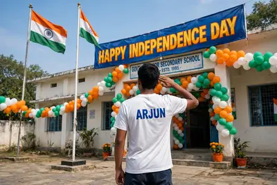 A patriotic 18-year-old boy named Arjun stands proudly in front of his school, saluting the Indian tricolor flag. He's wearing a white t-shirt with