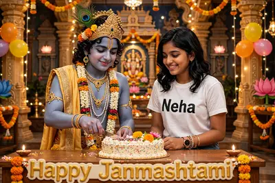 A real image shows Lord Krishna cuttings a birthday round cake on the table which has "Happy Janmashtami" clearly written in big letters, and