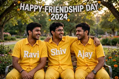 Indian Real 20 year old boys Named Ravi, Shiv, Ajay and they are wearing yellow color Shirt and pant, name written in white bold font on their shirt
