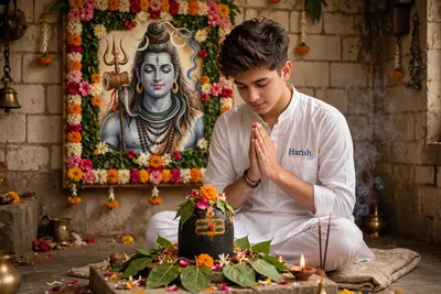 A 20 years old boy, is seated and praying in front of a Shivling adorned with flowers and belpata (green leaves). Behind him, there's a floral board