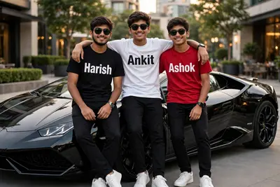 Three real 18 year old Indian Boys friends are standing leaning against a super luxury car, and all three are wearing different Black,white,red