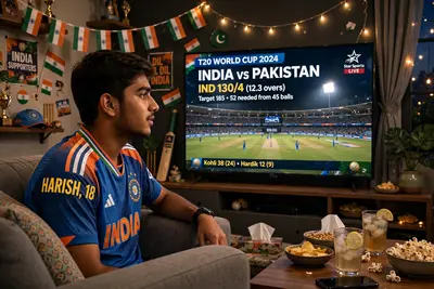 create a realistic image of 18 year old boy watching India vs Pakistan T20 world Cup on big screen in a decorated room, boy wearing indian Team