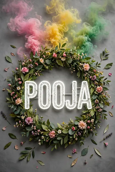 A decorative wreath made of vibrant green leaves and flowers encircles the word POOJA in textured white bold neon letters. Above the wreath, colorful