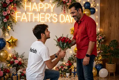 18 years old boy proposing to 45 year old Man, with red roses's. boy wearing White t-shirt with name "Harish" write on back. father Red shirt and