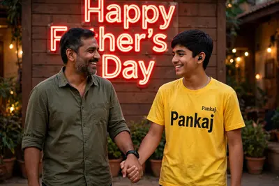 Create a realistic picture of an 18-year-old Indian boy holding his father's hand. Both look happy. The boy is wearing a "Yellow" T-shirt. The