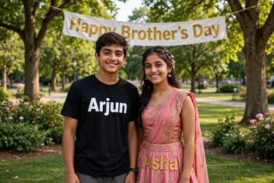 Teenager Brother and Sister standing together at beautiful park Boy wearing T-shirts on which Name "Arjun" is written boldly ,girl wearing lahenga