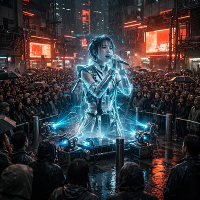 a hologram idol performing to a packed plaza rendered in blade-runner-inspired cinematic style, chrome glinting under the downpour. Electric