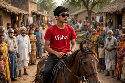 create realistic image of a 18 year old indian boy, riding a horse, background is full of villagers watching the boy, boy wearing black stylish