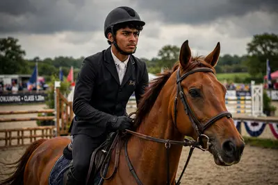 Random shot of Raj, 18, with a focused expression as he prepares for a jump in a showjumping competition. He sits confidently on a chestnut horse