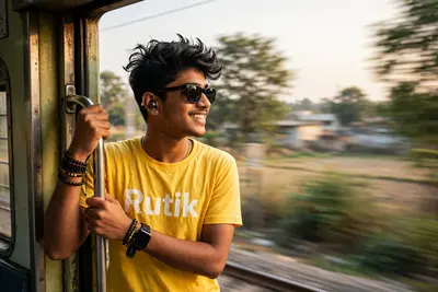 A real 18 year old Indian boy standing looking out, holding the angle of the door of a real moving train, wearing a Yellow shirts with "Rutik"