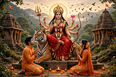 3D illustration of realistic Maa Durga sitting on her tiger, with a young couple, both 20 years old, barefoot, praying to her. They're dressed in