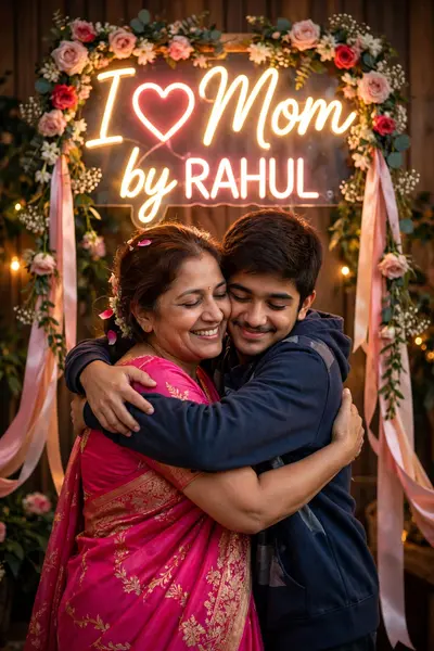 Create a heartwarming, realistic portrait of a 45-year-old mother wearing a flowing, vibrant saree, embracing her 15-year-old son who is wrapping his