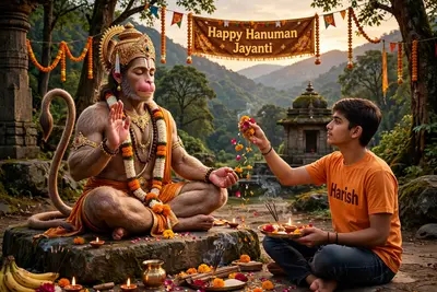 Create a Realistic High Quality image of LORD HANUMAN is depicted in meditation . Sitting on a Stone. A Realistic 18 year old boy Wearing Saffron
