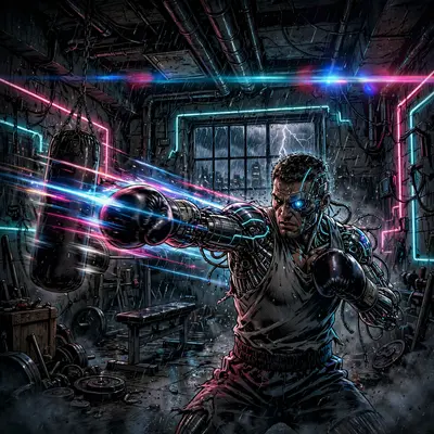 High-octane neon-drenched comic art style artwork of a bionic boxer training in a basement gym, motion frozen amid the storm. Low-key chiaroscuro