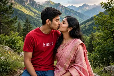 Create 3D realistic photo of a 20 year old couple, they are kissing, romantic scene, backgropund beautiful mountains with greenery around. Boy is