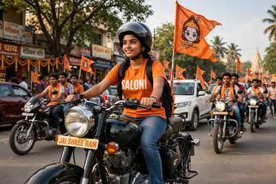 create high quality realistic image, a 18 year old girl driving bullet bike, girl wearing saffron tshirt with "SALONI" boldly written in white on it