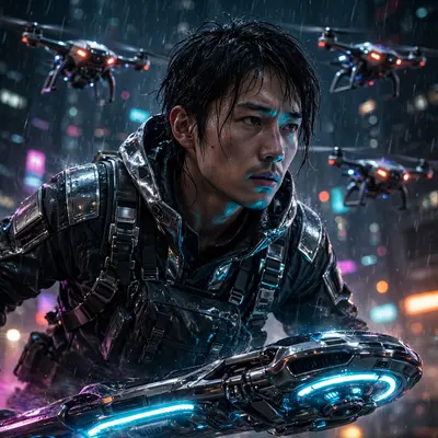 sci-fi concept art portrait of a courier on a hoverboard outrunning drones, half-lit by the city's glow. Dramatic underlighting from street signs