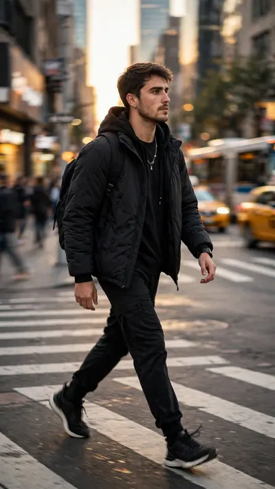 Reference my uploaded photo for my exact face, skin tone, and features. Nothing about my identity should change. Capture me mid-stride crossing a