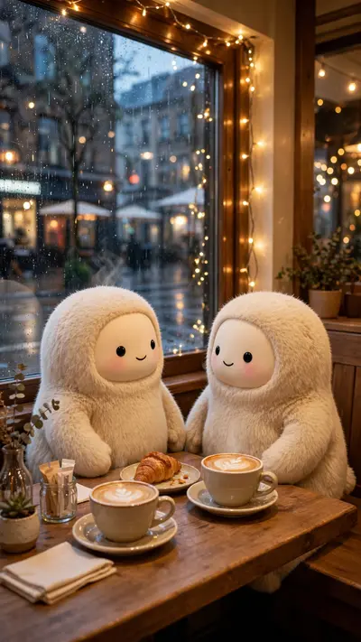 Reference my uploaded photo for the exact faces, skin tones, and features. Nothing about identities should change. Seat us at a cafe window with rain