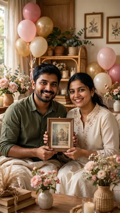 Restyle this couple photo: we are holding a framed photo together in a cozy living room decorated with balloons and flowers, warm smiles. , Indian
