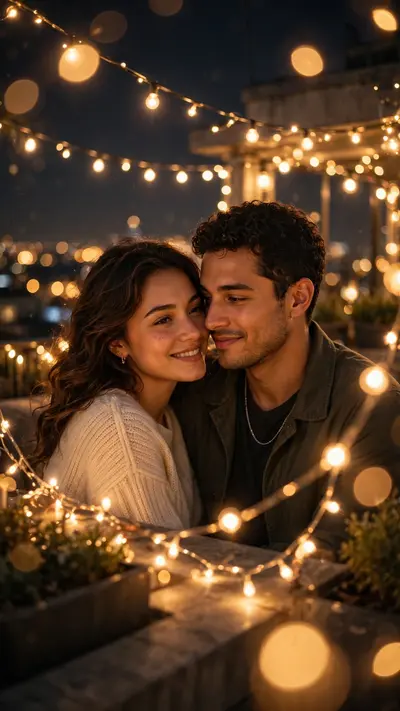 Create a vertical 9:16 portrait of a romantic couple on a rooftop at night surrounded by glowing fairy lights. Dreamy warm bokeh all around, city