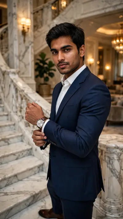 Create a professional ultra-realistic editorial photograph of a handsome young Indian man standing beside a grand marble staircase inside a luxury
