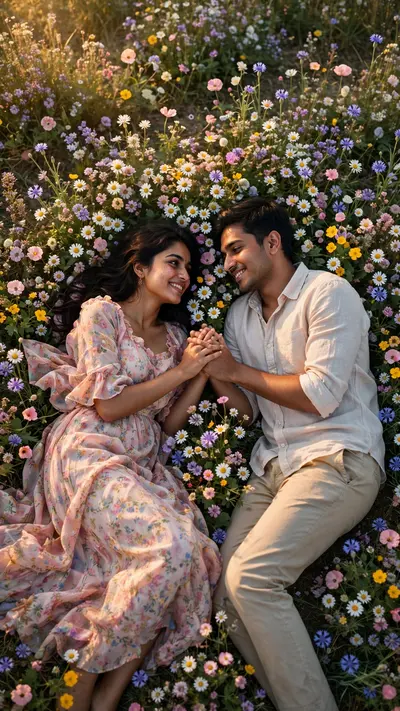 Create an ultra-realistic dreamy photograph of a young Indian couple lying together on a beautiful flower field during late afternoon. Capture the